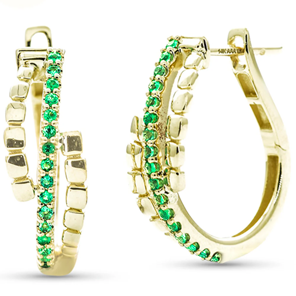 <span style="color:purple">SPECIAL!</span> .18ct G SI 14K Yellow Gold Diamond & Emerald Gemstones Hoop Earrings