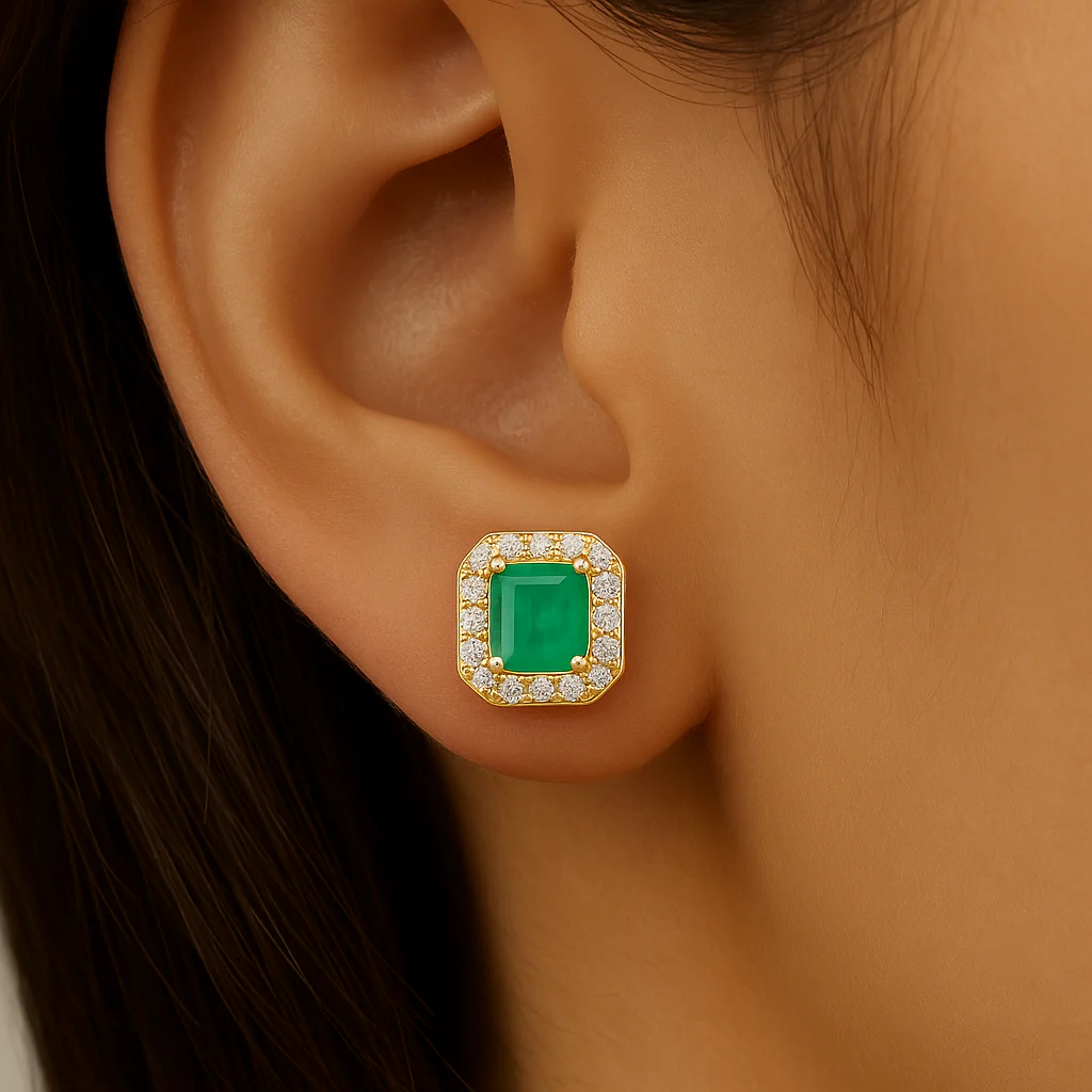 <span style="color:purple">SPECIAL!</span> .50ct G SI 14K Yellow Gold Diamond & Emerald Gemstone Stud Earrings - Image 2