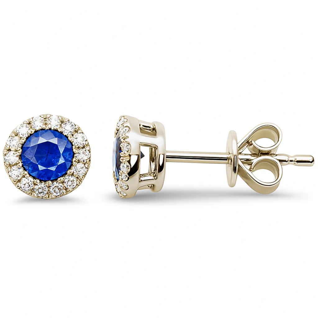 <span style="color:purple">SPECIAL!</span> .87ct G SI 14K Yellow Gold Diamond & Blue Sapphire Gemstone Stud Earrings