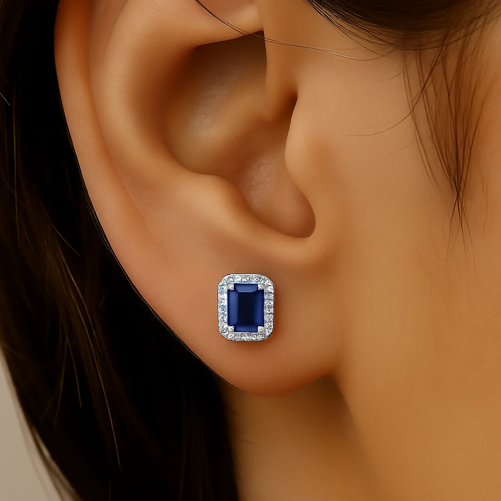 <span style="color:purple">SPECIAL!</span> .51ct G SI 14K White Gold Diamond & Blue Sapphire Gemstones Earrings - Image 2