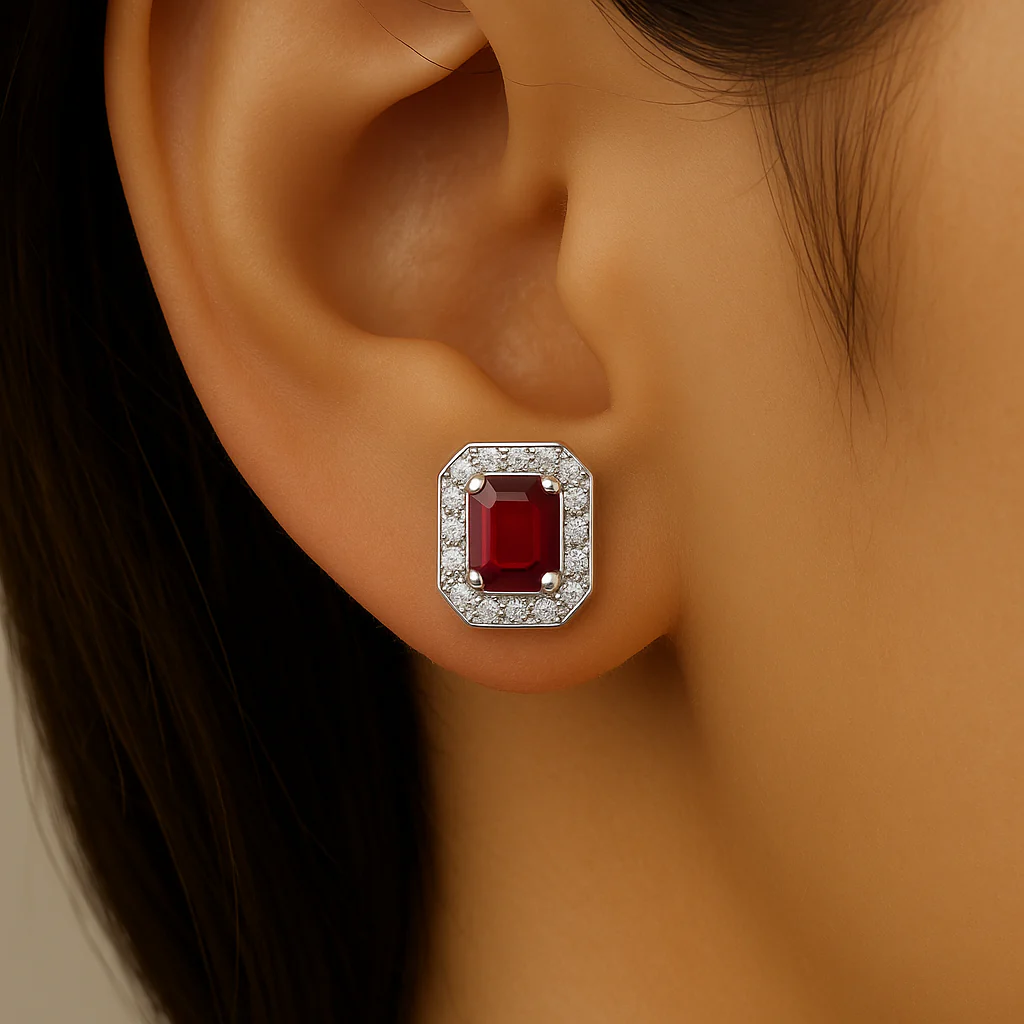 <span style="color:purple">SPECIAL!</span .48ct G SI 14K White Gold Diamond & Ruby Gemstone Stud Earrings - Image 2