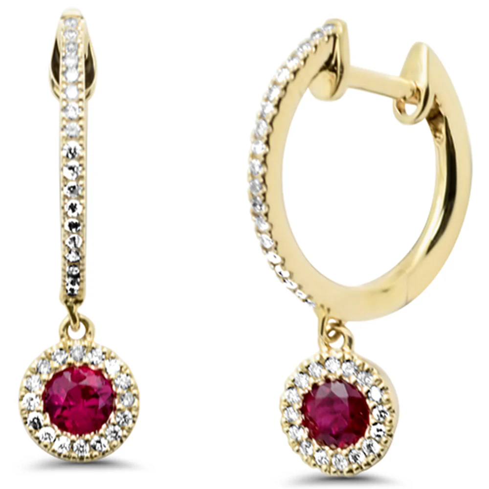 <span style="color:purple">SPECIAL!</span> .43ct G SI 14K Yellow Gold Diamond & Ruby Gemstone Dangling Hoop Earrings