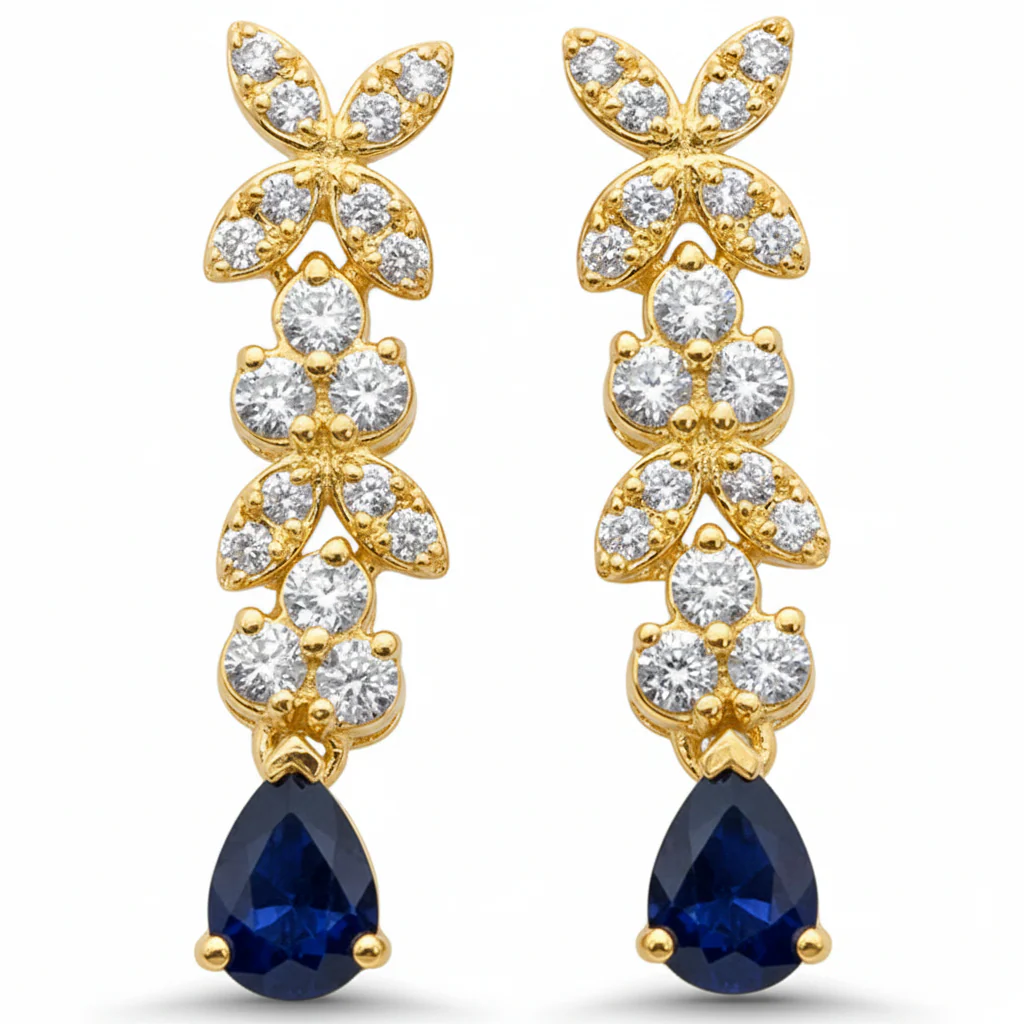 <span style="color:purple">SPECIAL!</span> .66ct G SI 14K Yellow Gold Diamond & Blue Sapphire Gemstone Drop Earrings