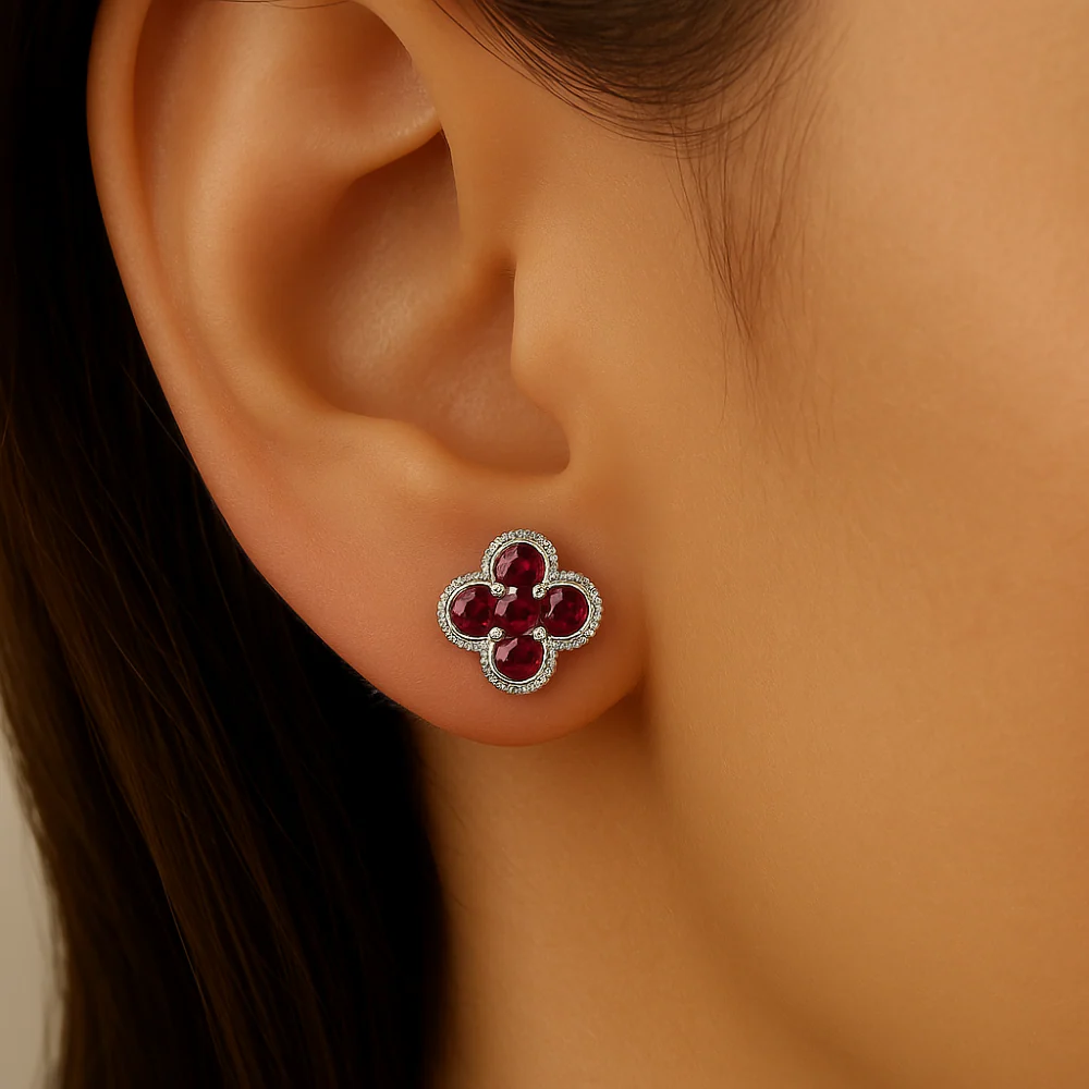 <span style="color:purple">SPECIAL!</span>.53ct G SI 14K White Gold Ruby Gemstone Clover Earrings Push Backings - Image 2