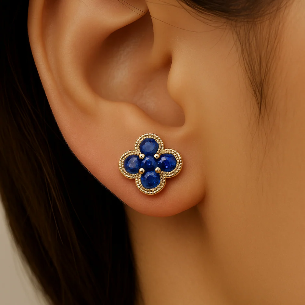 <span style="color:purple">SPECIAL!</span> .53ct G SI 14K Yellow Gold Blue Sapphire Gemstone Clover Earrings - Image 2