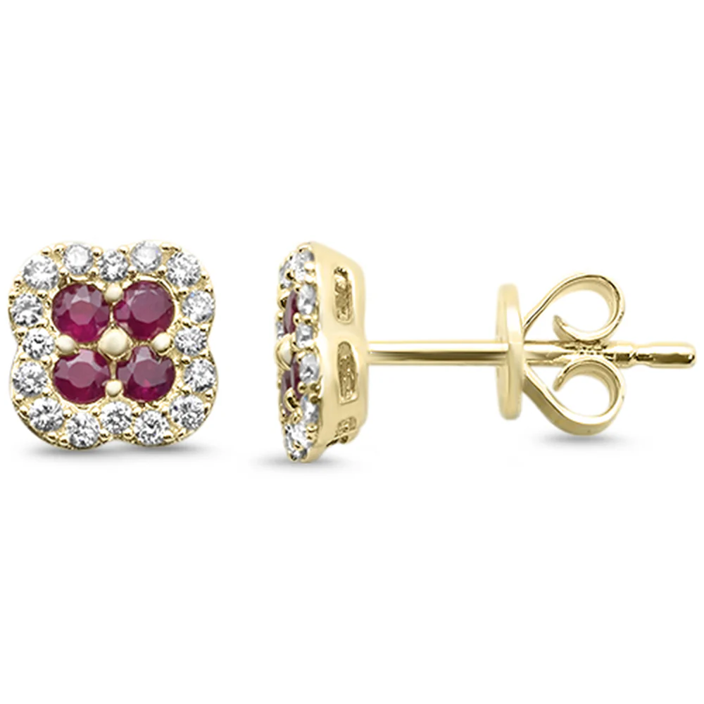 <span style="color:purple">SPECIAL!</span> .48ct G SI 14K Yellow Gold Diamond & Ruby Gemstone Petite Clover Earrings