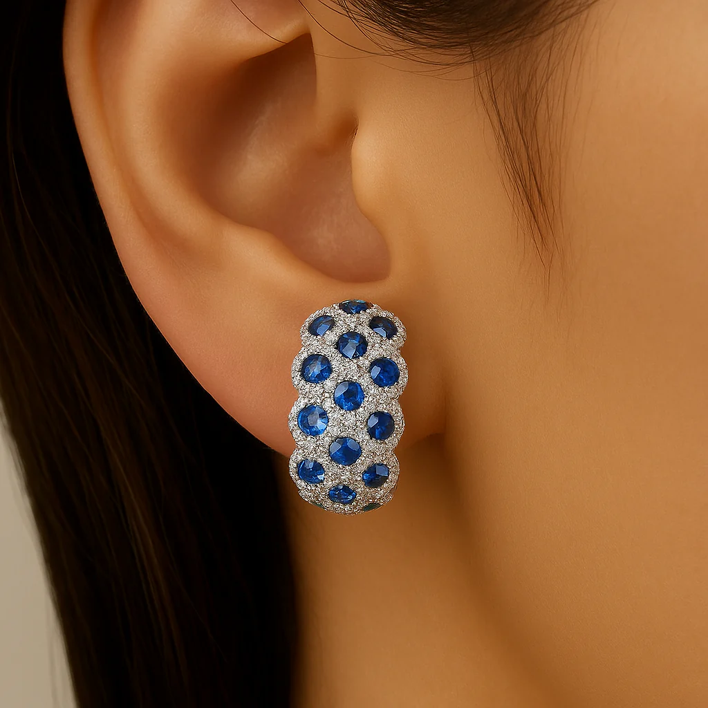 <span style="color:purple">SPECIAL!</span>1.94ct G SI 14K White Gold Diamond & Blue Sapphire Gemstone Dome Earrings - Image 2