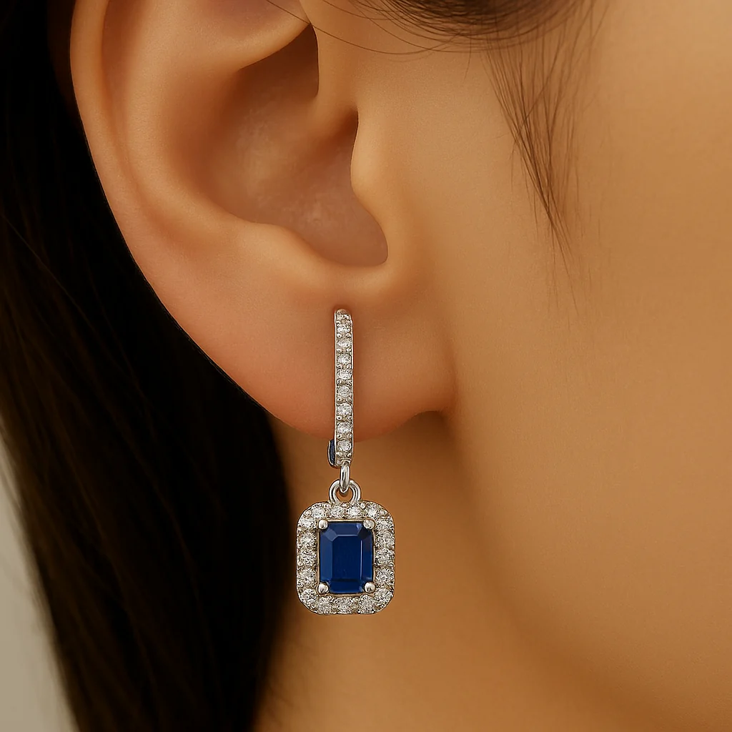 <span style="color:purple">SPECIAL!</span>.77ct G SI 14K White Gold Diamond & Blue Sapphire Gemstone Drop Earrings - Image 2