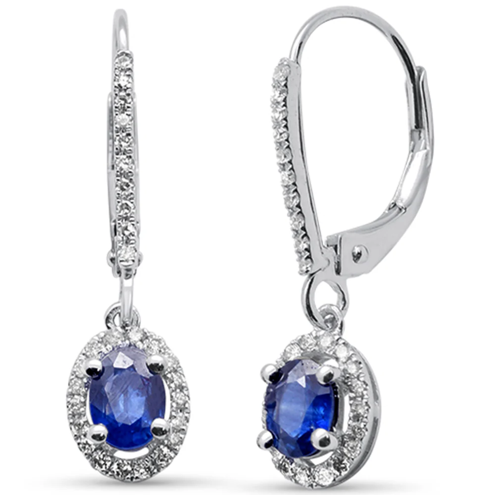 <span style="color:purple">SPECIAL!</span>.98ct G SI 14K White Gold Diamond & Oval Blue Sapphire Gemstone Drop Earrings