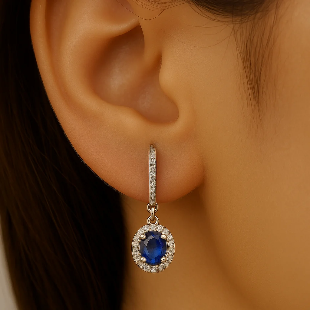 <span style="color:purple">SPECIAL!</span>.98ct G SI 14K White Gold Diamond & Oval Blue Sapphire Gemstone Drop Earrings - Image 2