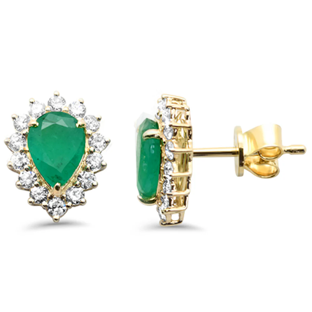 <span style="color:purple">SPECIAL!</span> 1.64ct G SI 14K Yellow Gold Diamond & Pear Shape Emerald Gemstone Earrings