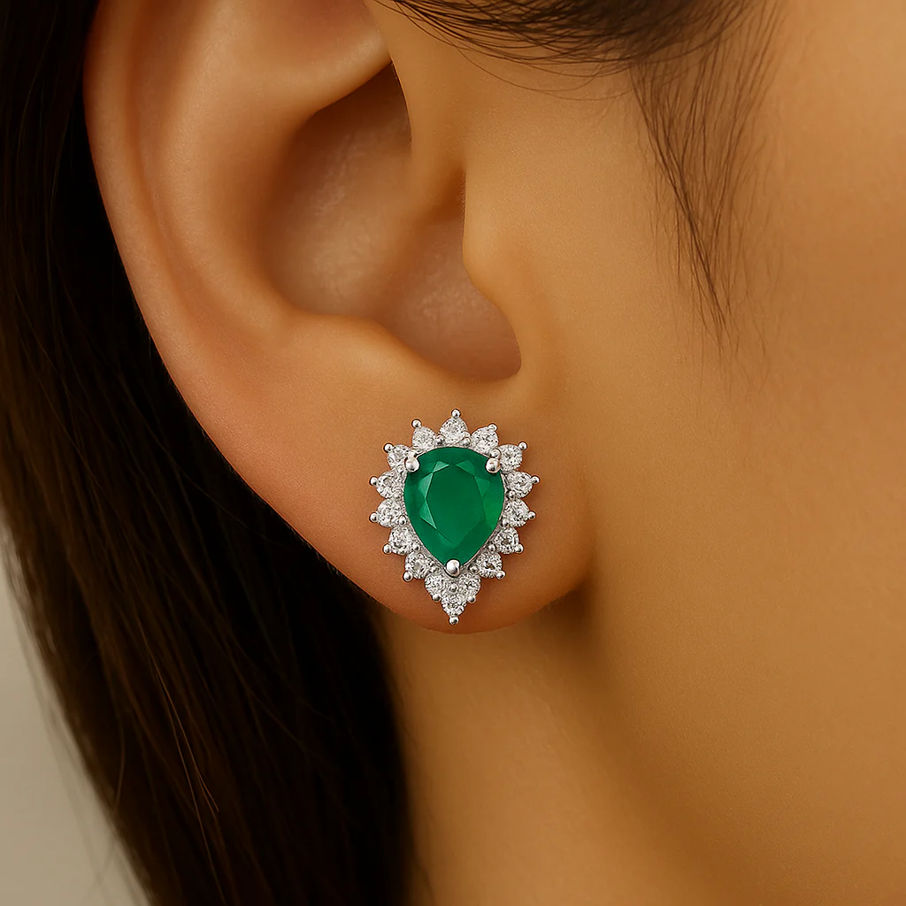 <span style="color:purple">SPECIAL!</span> 1.75ct G SI 14K White Gold Diamond & Pear Shape Emerald Gemstone Earrings - Image 2