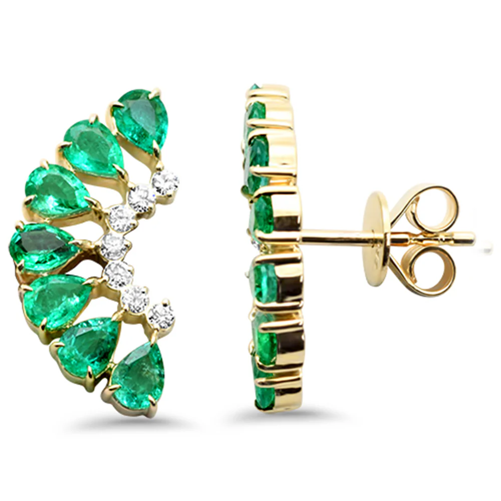 <span style="color:purple">SPECIAL!</span>2.06ct G SI 14K Yellow Gold Diamond & Pear Shape Emerald Gemstone Ear Crawler Earrings