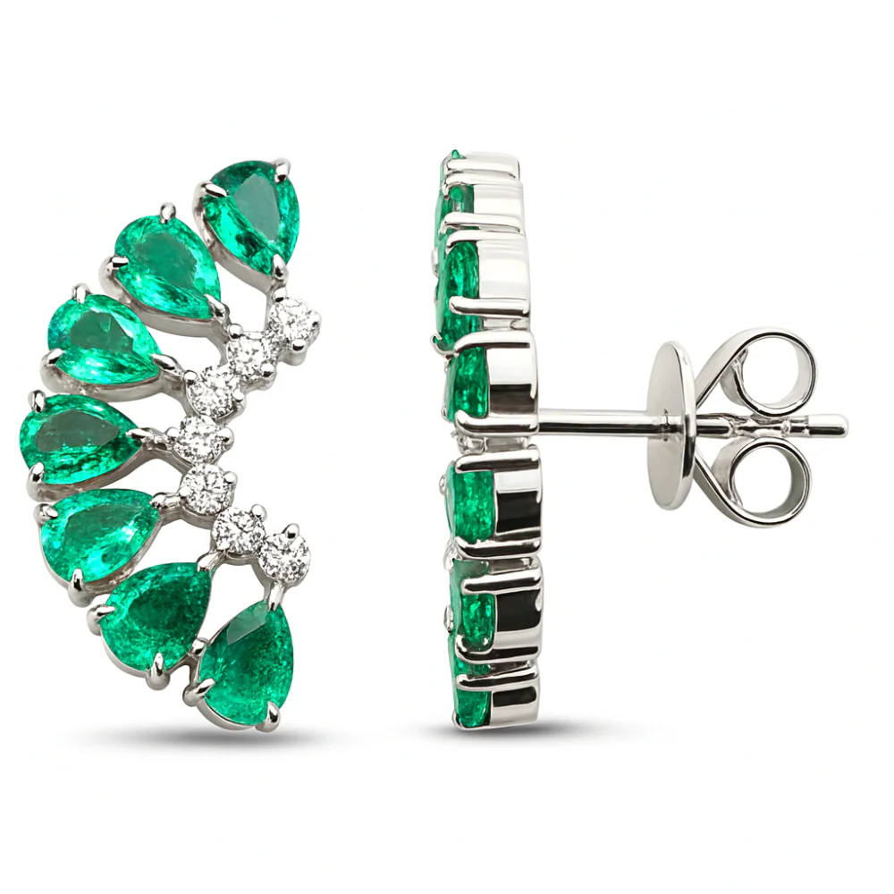 <span style="color:purple">SPECIAL!</span> 2.10ct G SI 14K White Gold Diamond & Pear Shape Emerald Gemstone Ear Crawler Earrings