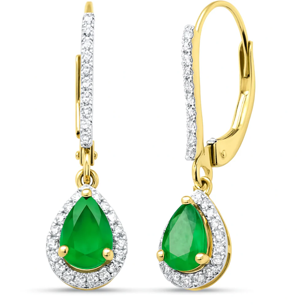 <span style="color:purple">SPECIAL!</span>.89ct G SI 14K Yellow Gold Round Diamond & Pear Shape Emerald Gemstone Drop Earrings