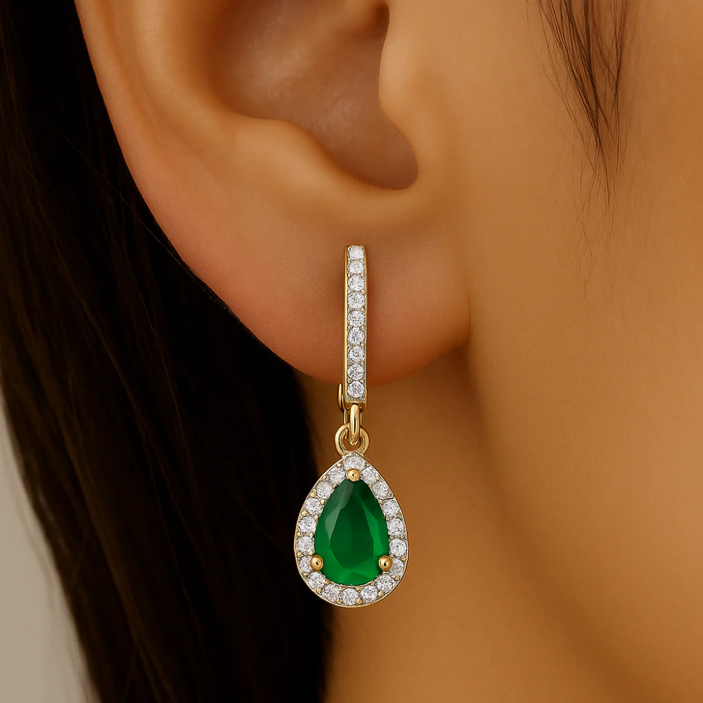 <span style="color:purple">SPECIAL!</span>.89ct G SI 14K Yellow Gold Round Diamond & Pear Shape Emerald Gemstone Drop Earrings - Image 2