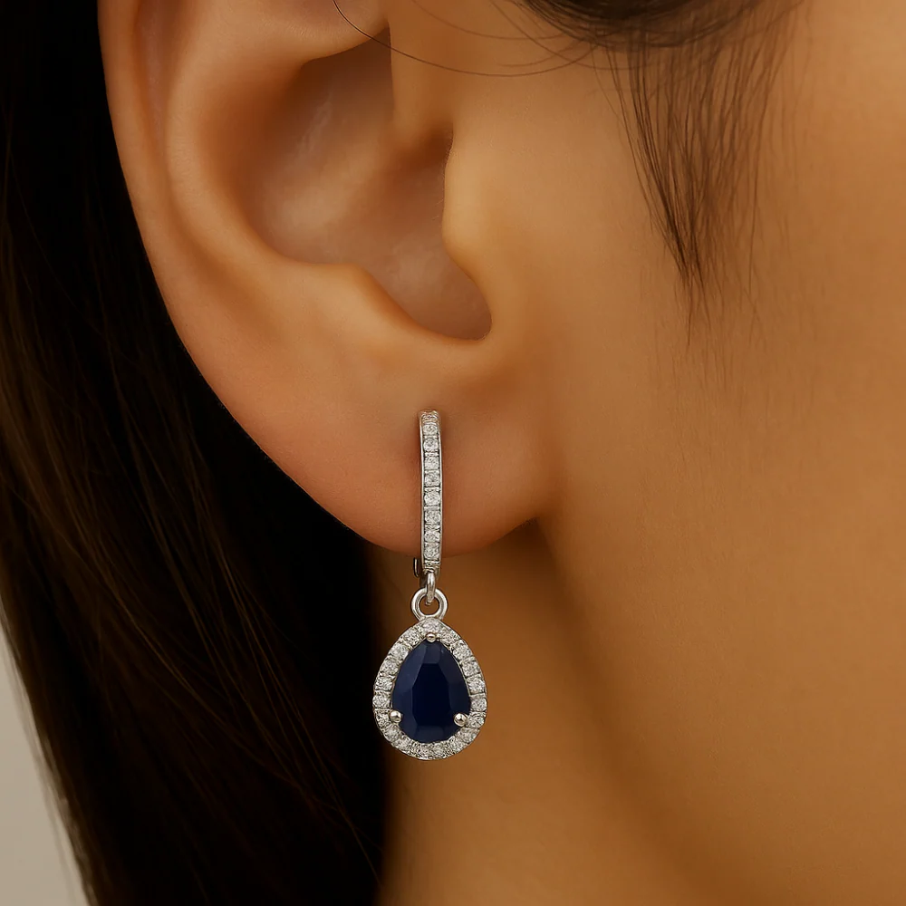 <span style="color:purple">SPECIAL!</span>1.04ct G SI 14K White Gold Diamond & Pear Shape Blue Sapphire Gemstone Dangle Earrings - Image 2