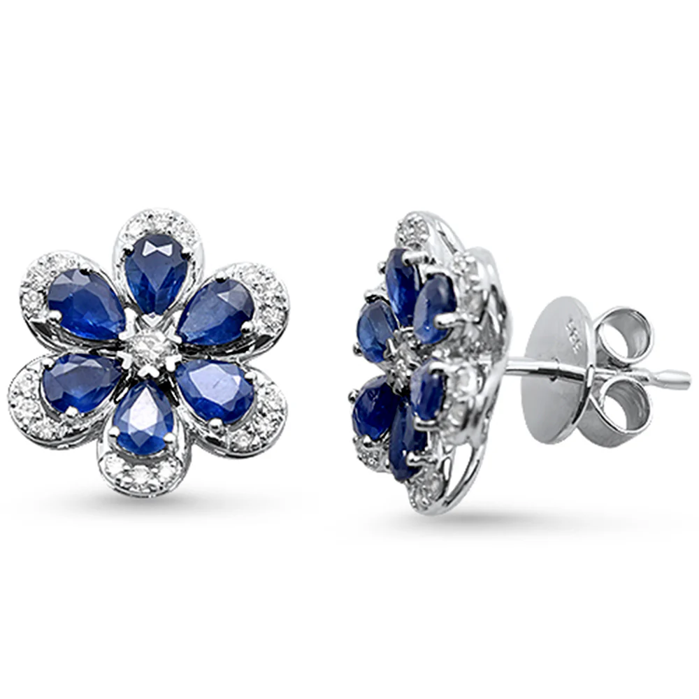 <span style="color:purple">SPECIAL!</span>2.75ct G SI 14K White Gold Diamond & Blue Sapphire Gemstone Flower Earrings