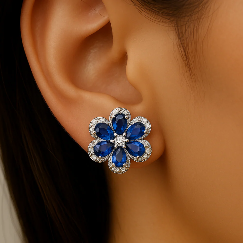 <span style="color:purple">SPECIAL!</span>2.75ct G SI 14K White Gold Diamond & Blue Sapphire Gemstone Flower Earrings - Image 2