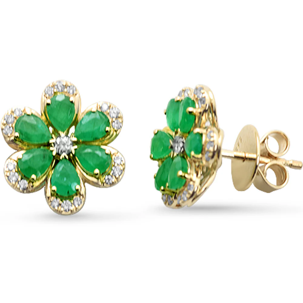 <span style="color:purple">SPECIAL!</span>1.96ct G SI 14K Yellow Gold Diamond & Emerald Gemstone Flower Earrings