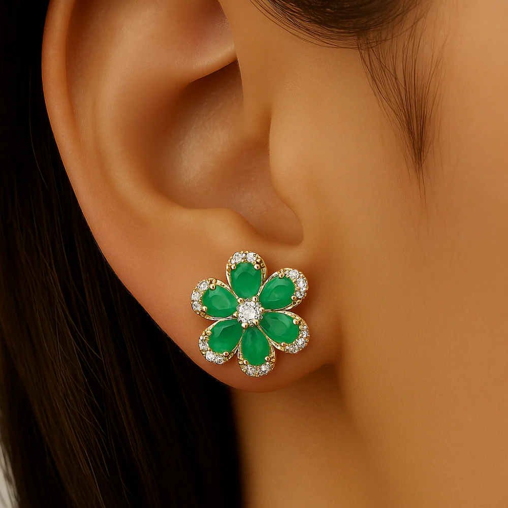 <span style="color:purple">SPECIAL!</span>1.96ct G SI 14K Yellow Gold Diamond & Emerald Gemstone Flower Earrings - Image 2