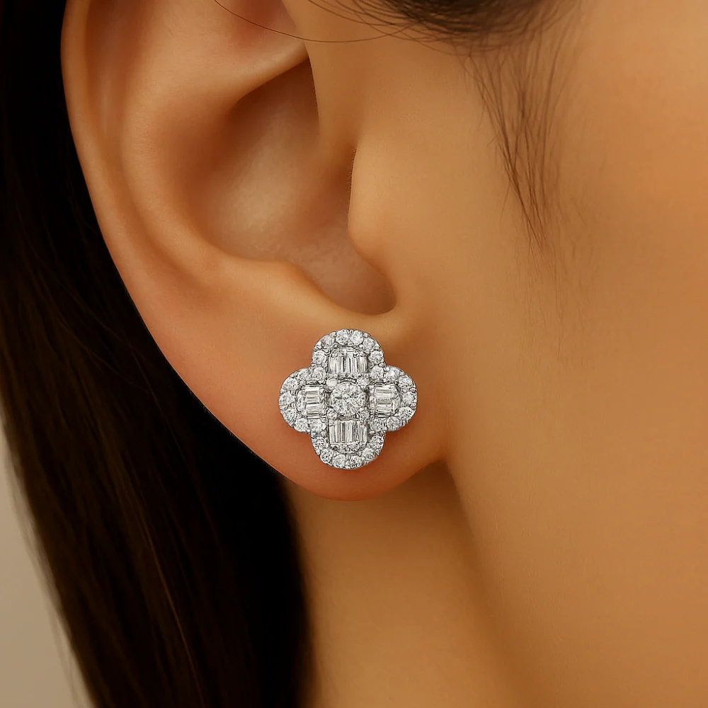 <span style="color:purple">SPECIAL!</span>.57ct G SI 14K White Gold Round & Baguette Diamond Clover Stud Earrings - Image 2