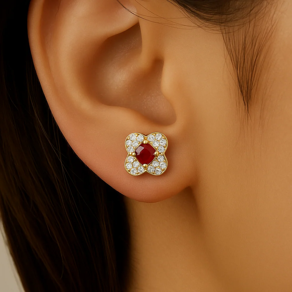 .33ct G SI 14K Yellow Gold Diamond & Ruby Gemstone Petite Earrings - Image 2