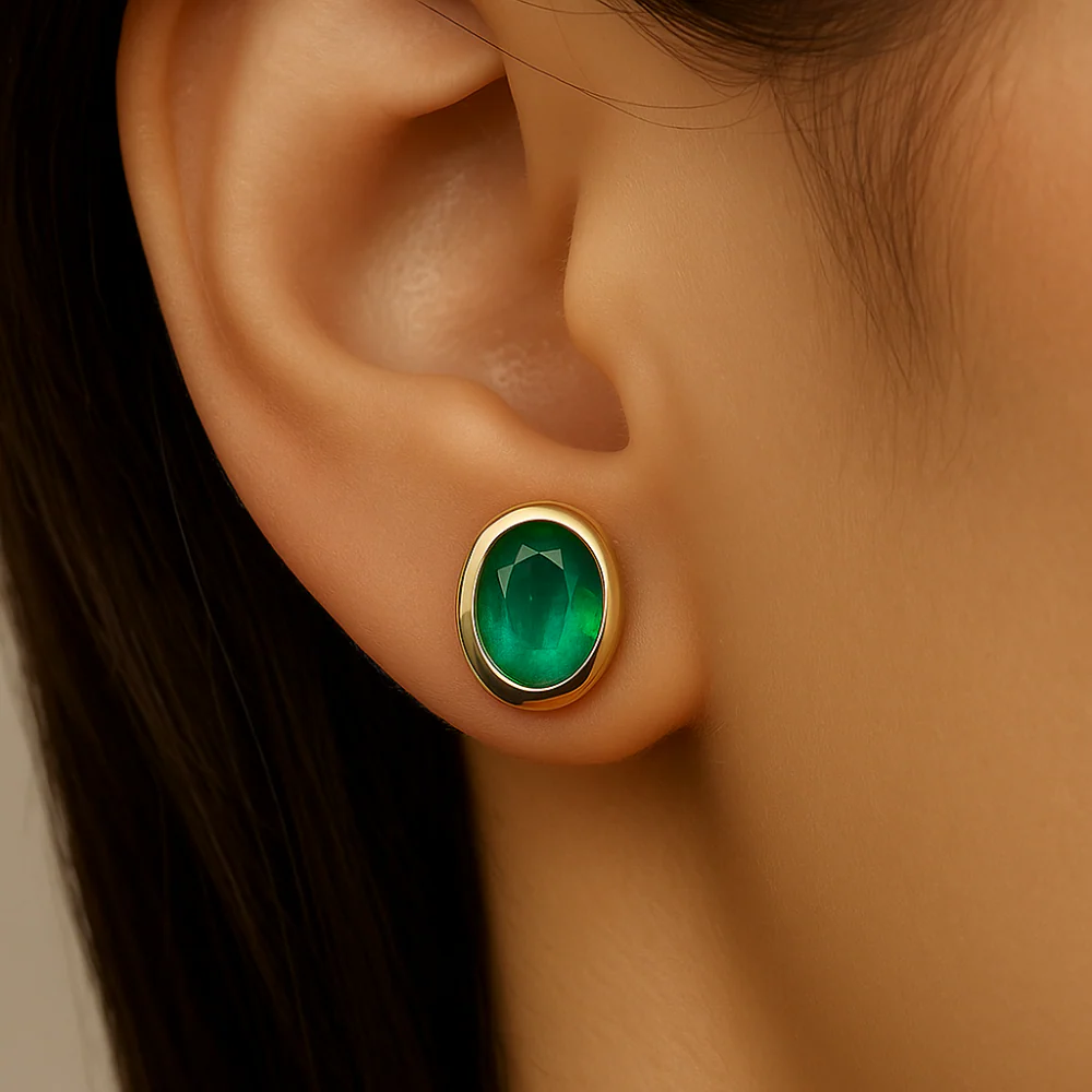 <span style="color:purple">SPECIAL!</span> .81ct G SI 14K Yellow Gold Oval Shape Emerald Gemstone Stud Earrings - Image 2