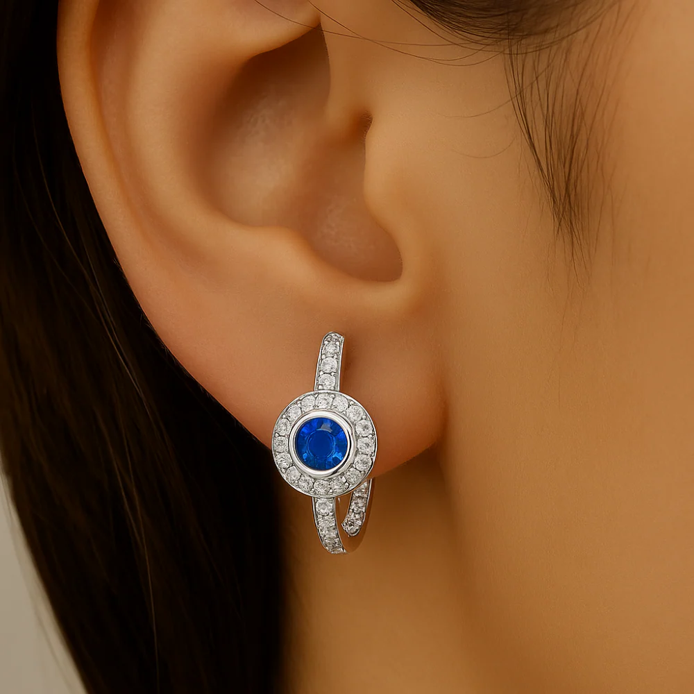 <span style="color:purple">SPECIAL!</span>.52ct G SI 14K White Gold Diamond & Blue Sapphire Gemstone Halo Hoop Earrings - Image 2