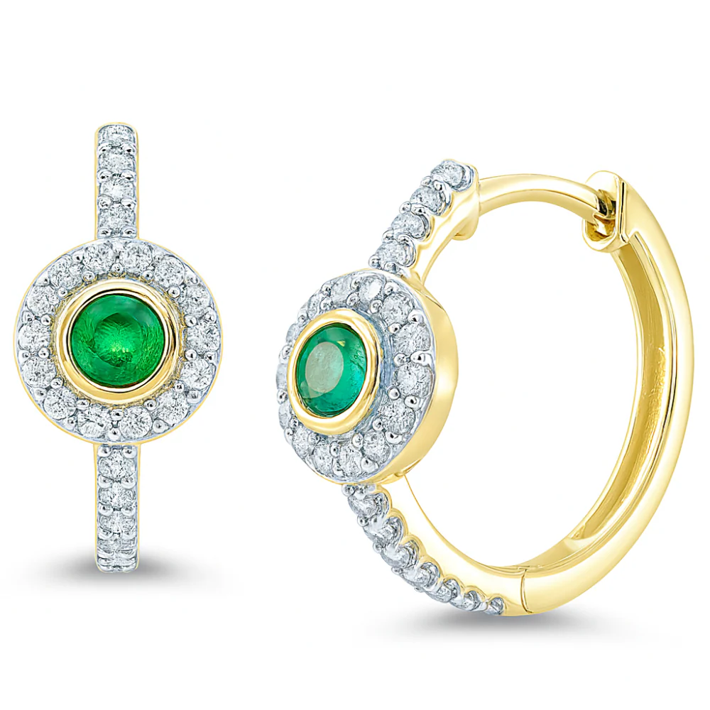 <span style="color:purple">SPECIAL!</span>.45ct G SI 14K Yellow Gold Diamond & Emerald Gemstone Halo Hoop Earrings