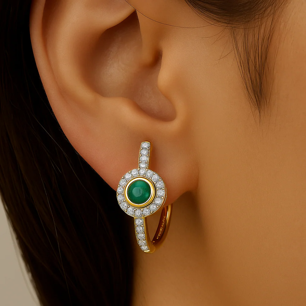 <span style="color:purple">SPECIAL!</span>.45ct G SI 14K Yellow Gold Diamond & Emerald Gemstone Halo Hoop Earrings - Image 2