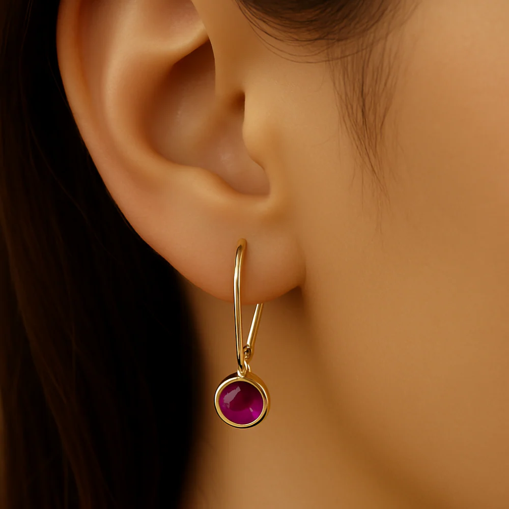 .29ct G SI 14K Yellow Gold Ruby Gemstone Bezel Set Lever Back Earrings - Image 2