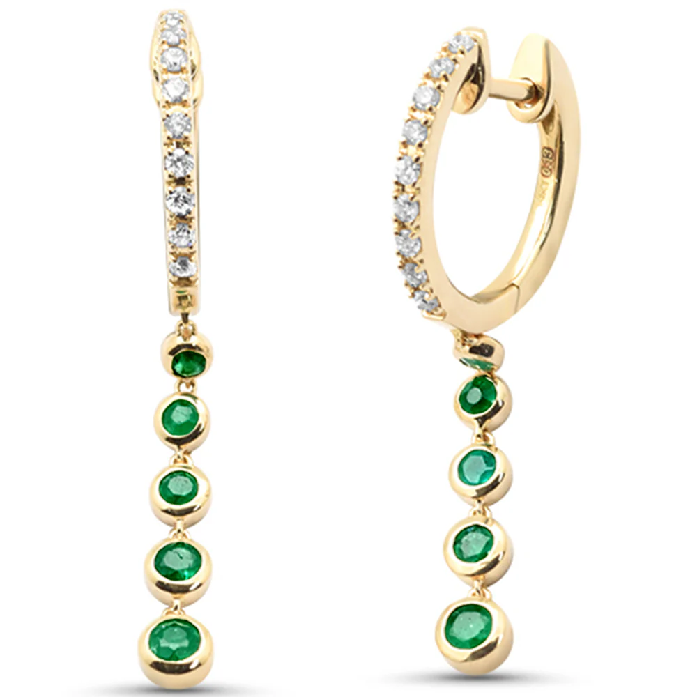 <span style="color:purple">SPECIAL!</span>.47ct G SI 14K Yellow Gold Diamond & Emerald Gemstone Hoop Drop Earrings