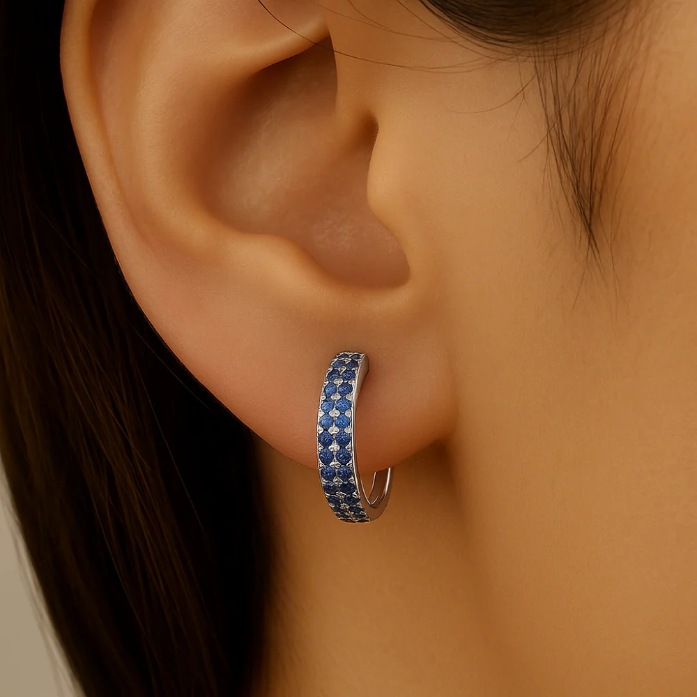 <span style="color:purple">SPECIAL!</span>.43ct G SI 14K White Gold Blue Sapphire Gemstone Hoop Earrings - Image 2