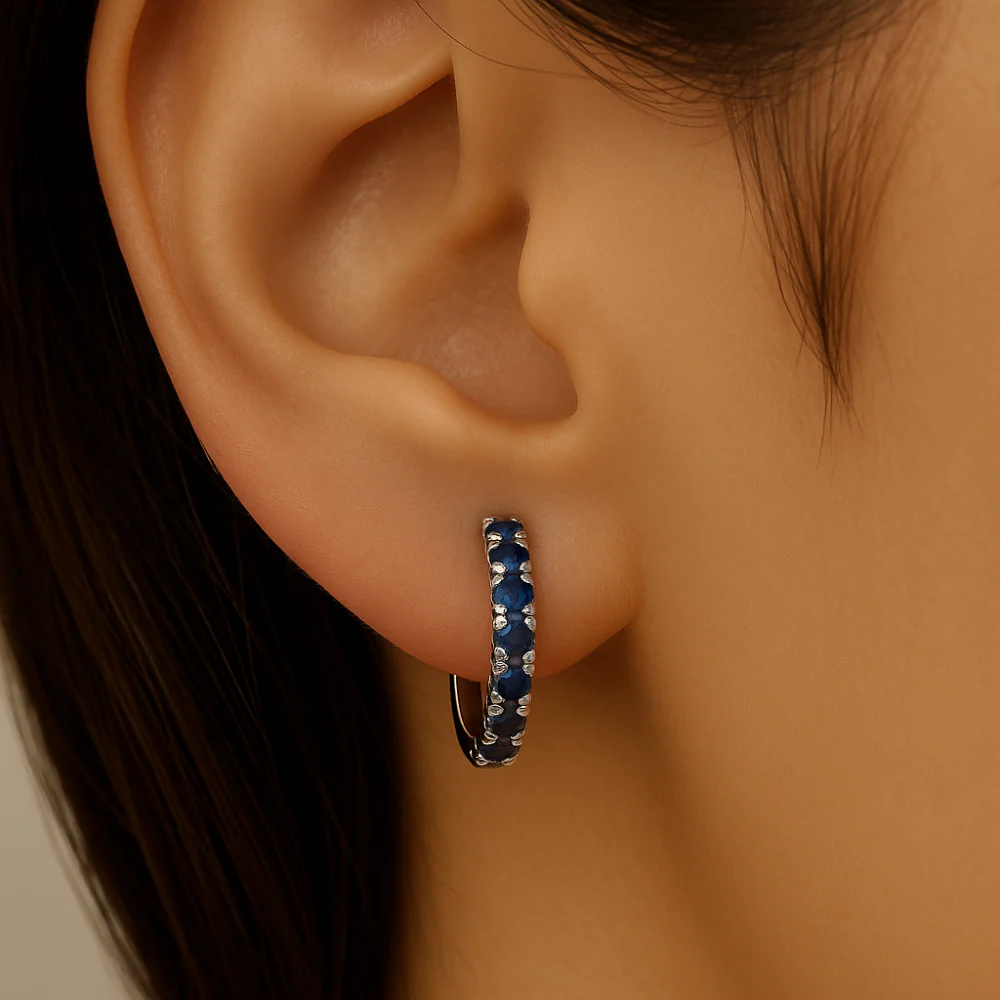 <span style="color:purple">SPECIAL!</span>.92ct G SI 14K White Gold Blue Sapphire Gemstone Hoop Earrings - Image 2