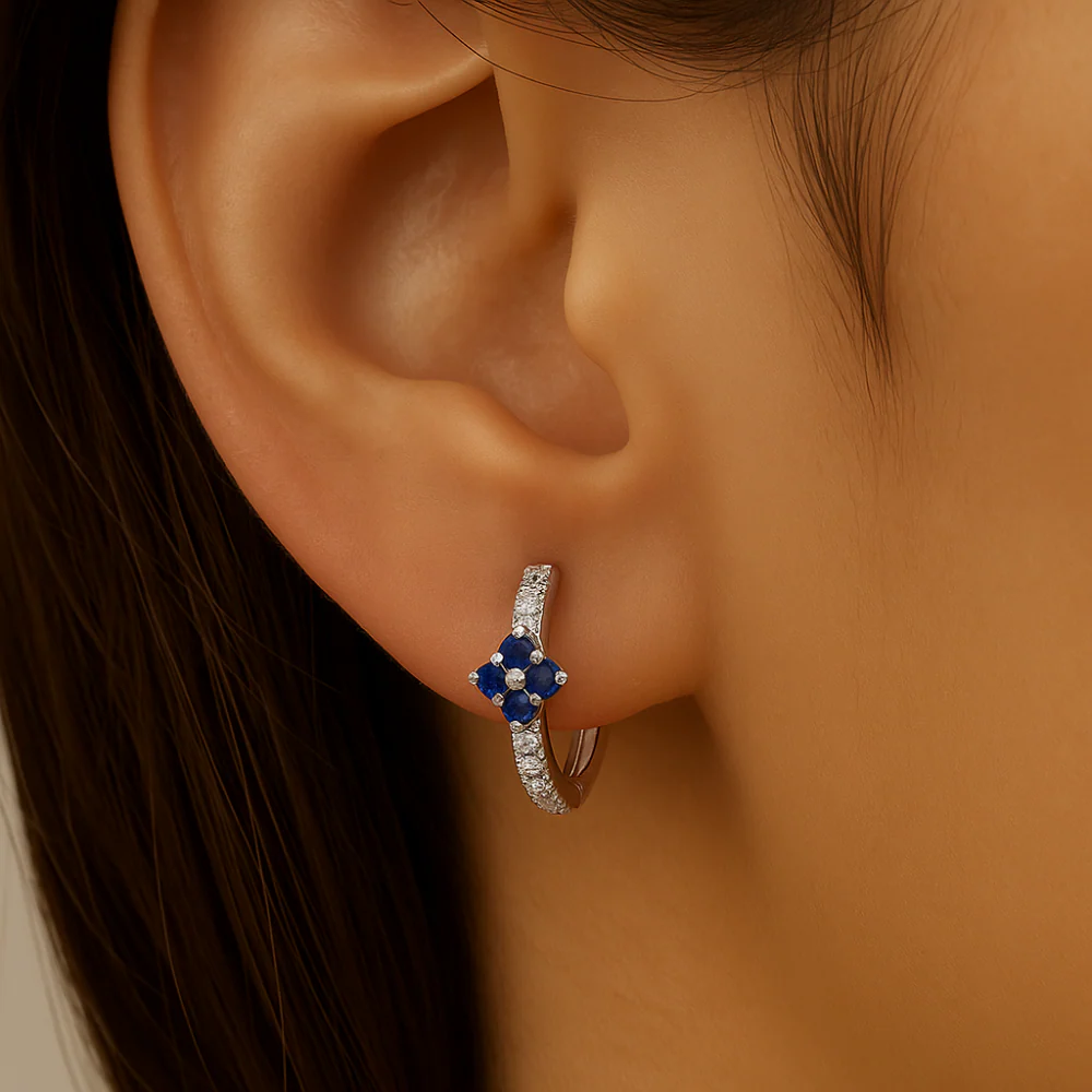 <span style="color:purple">SPECIAL!</span>.46ct G SI 14KT White Gold Diamond & Blue Sapphire Gemstone Hoop Earrings - Image 2