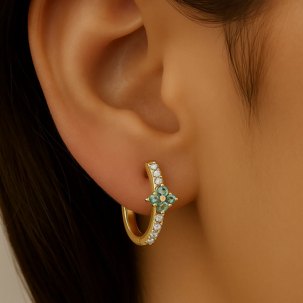 <span style="color:purple">SPECIAL!</span>.40ct G SI 14KT Yellow Gold Diamond & Emerald Gemstone Hoop Earrings - Image 2
