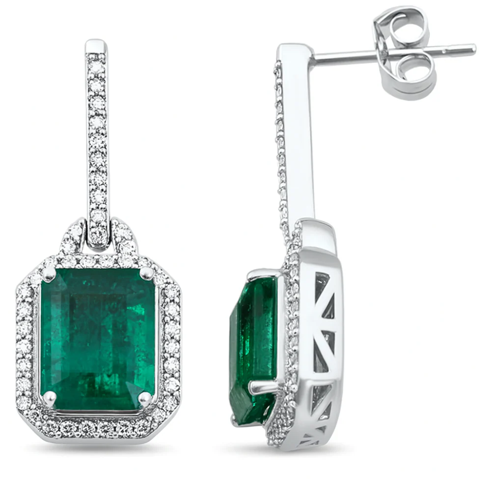 <span style="color:purple">SPECIAL!</span> 4.89ct G SI 14K White Gold Diamond & Emerald Gemstone Drop Earrings