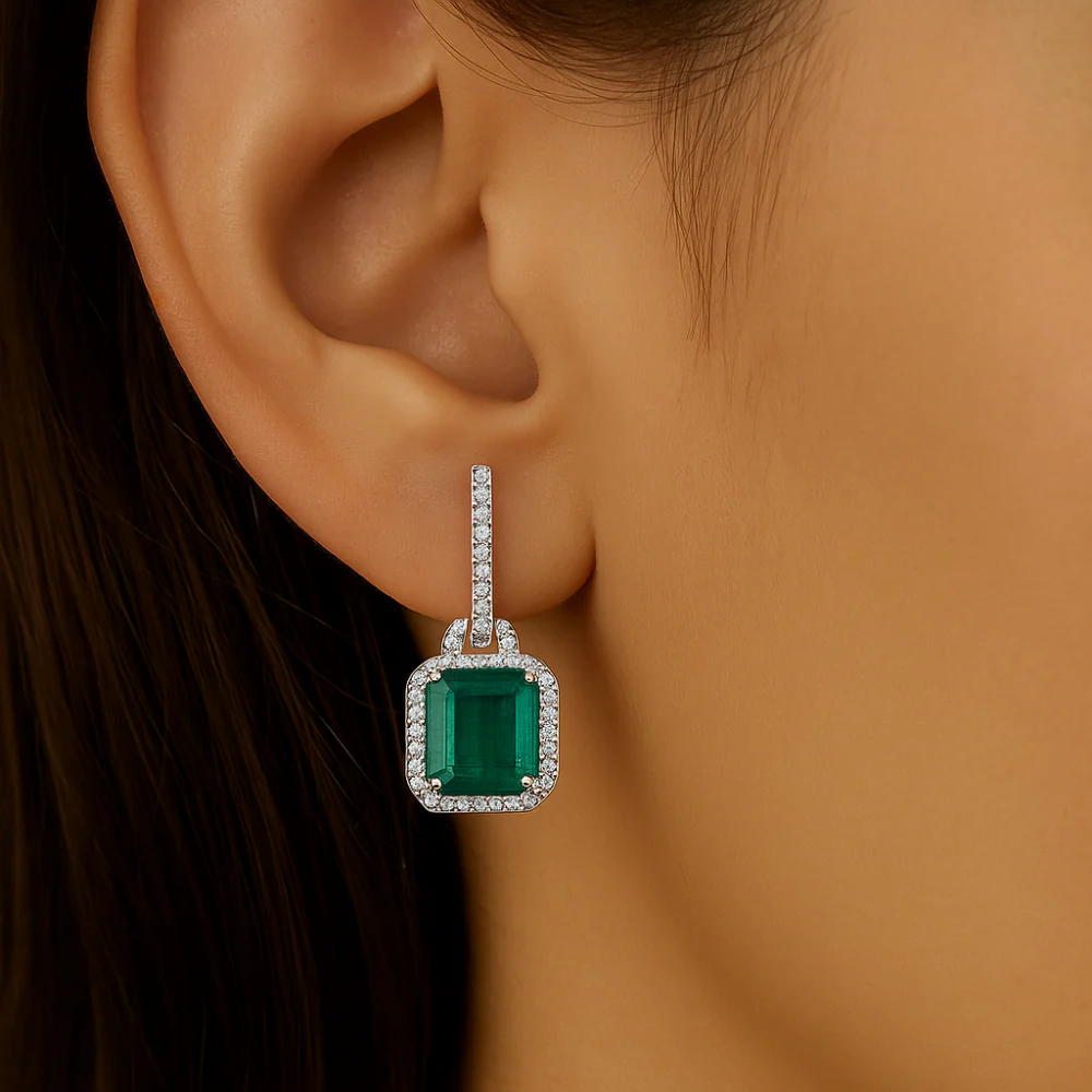 <span style="color:purple">SPECIAL!</span> 4.89ct G SI 14K White Gold Diamond & Emerald Gemstone Drop Earrings - Image 2