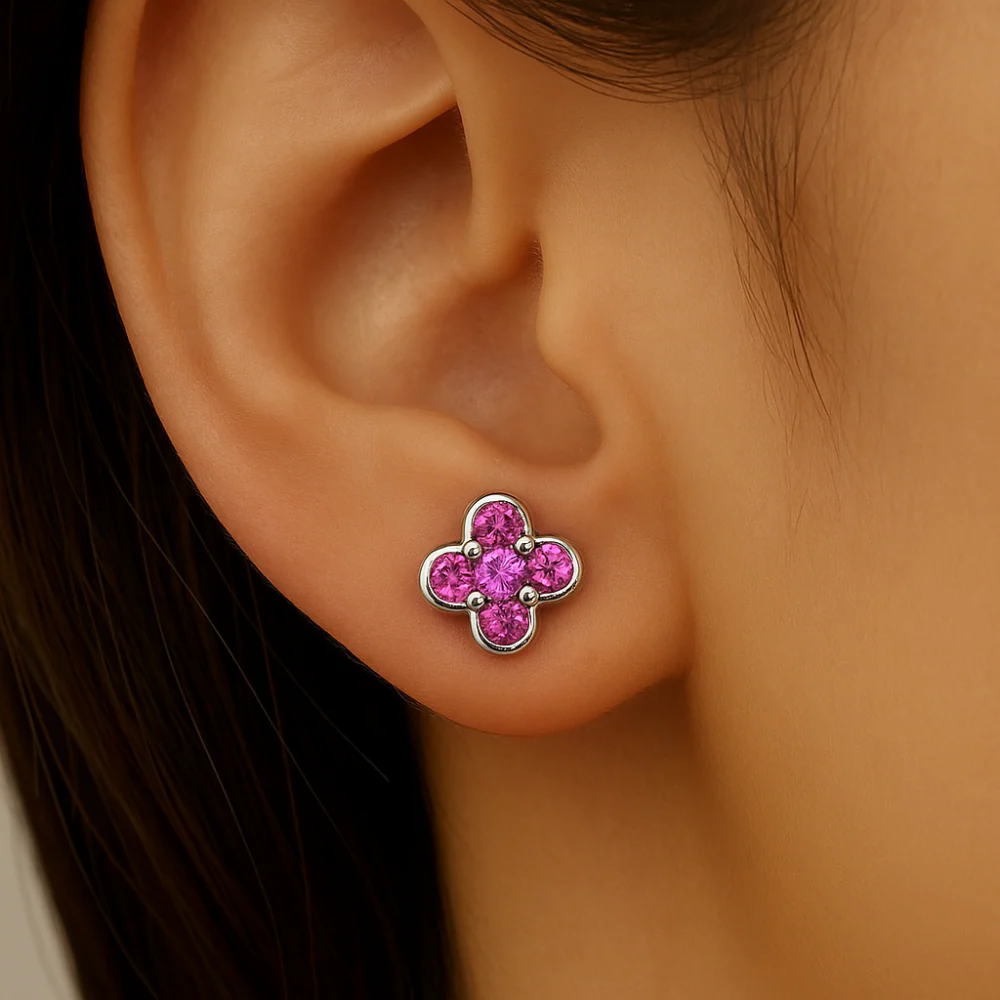 .32ct G SI 14K White Gold Ruby Gemstone Clover Earrings - Image 2