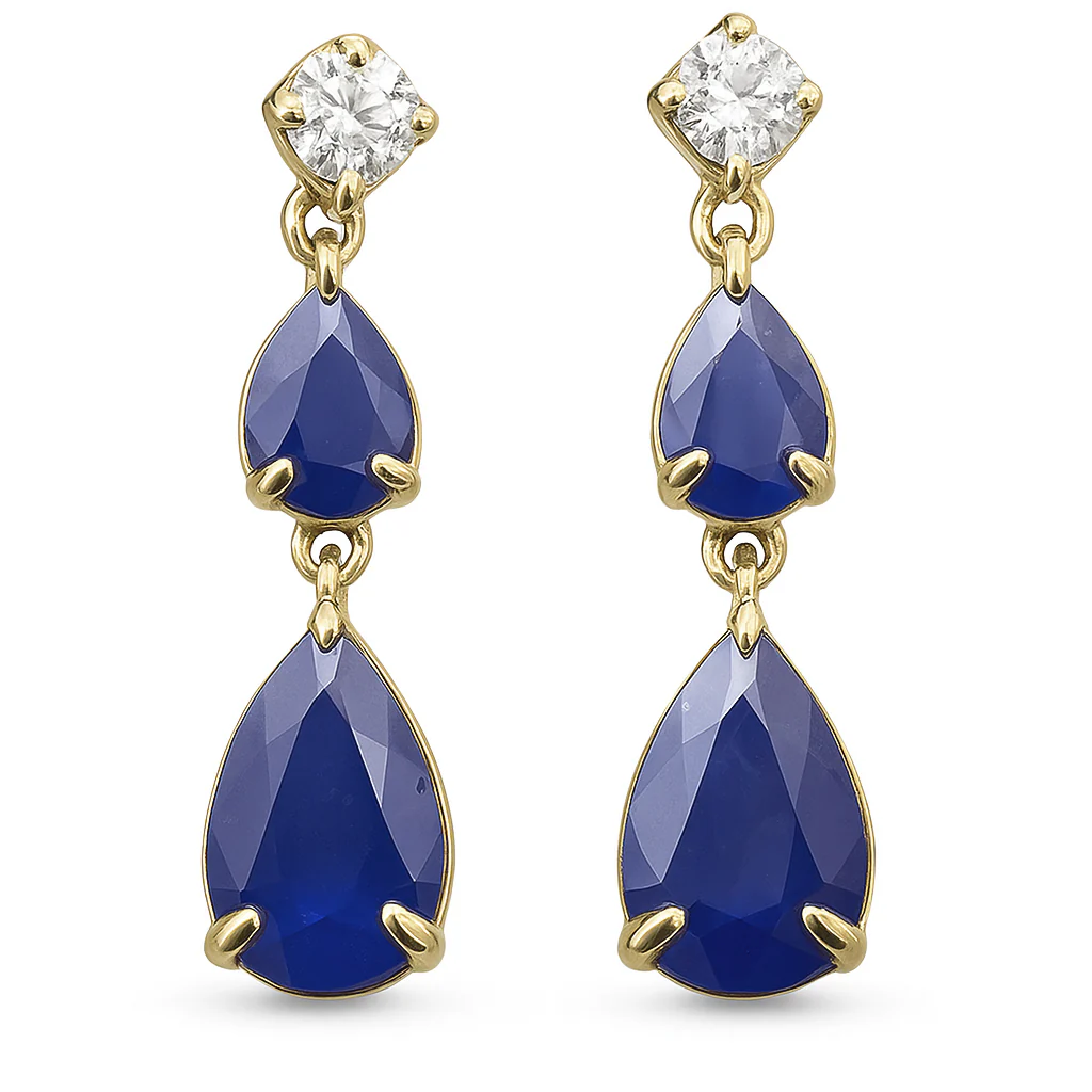 <span style="color:purple">SPECIAL!</span> 1.42ct G SI 14K Yellow Gold Diamond & Pear Shape Blue Sapphire Gemstone Drop Earrings