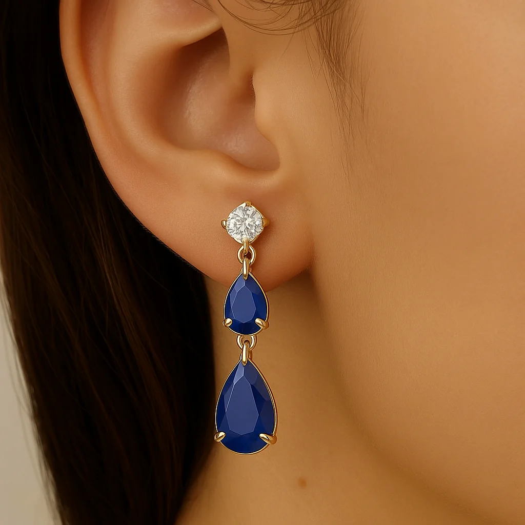 <span style="color:purple">SPECIAL!</span> 1.42ct G SI 14K Yellow Gold Diamond & Pear Shape Blue Sapphire Gemstone Drop Earrings - Image 2