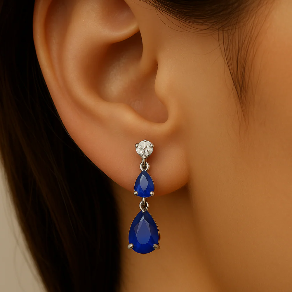 <span style="color:purple">SPECIAL!</span> 1.39ct G SI 14K White Gold Diamond & Pear Shape Blue Sapphire Gemstone Tear Drop Earrings - Image 2