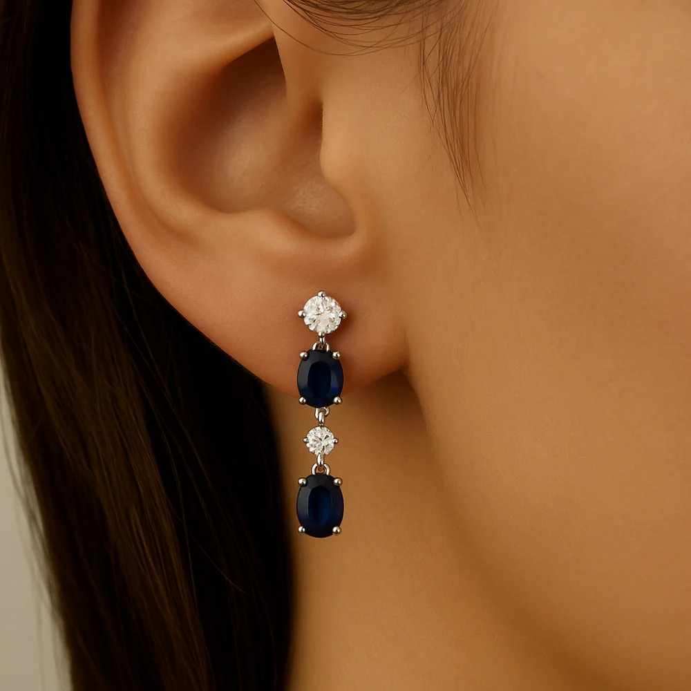 <span style="color:purple">SPECIAL!</span> 1.22ct G SI 14K White Gold Diamond & Blue Sapphire Gemstone Drop Earrings - Image 2