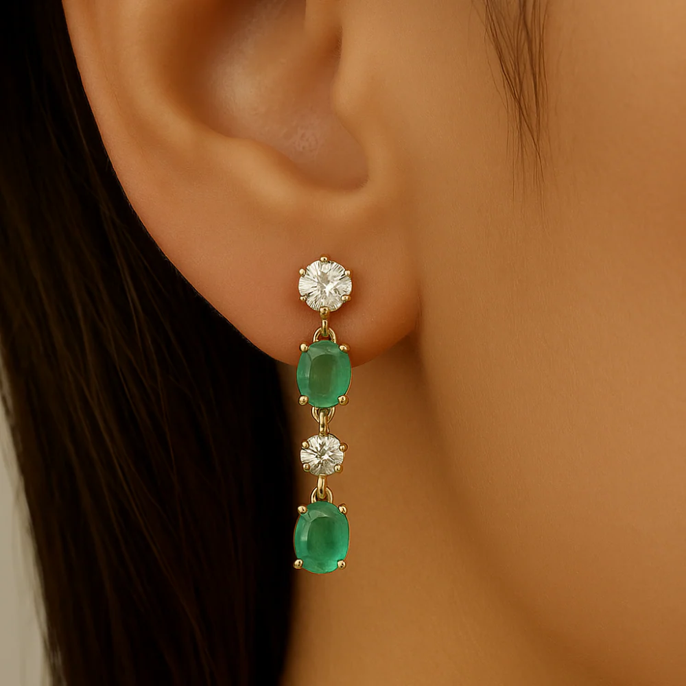 <span style="color:purple">SPECIAL!</span> .91ct G SI 14K Yellow Gold Diamond & Emerald Gemstone Drop Earrings - Image 2