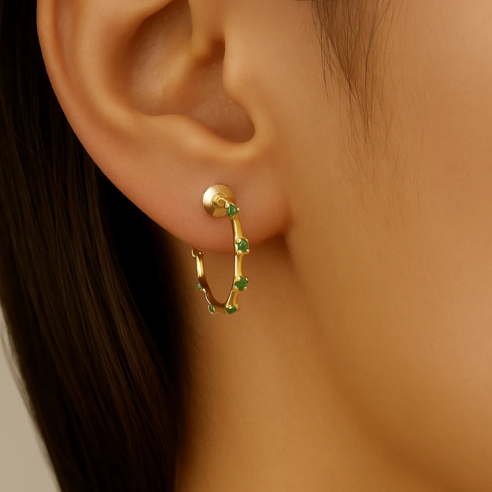 .11ct G SI 14K Yellow Gold Emerald Gemstone J Hoop Earrings - Image 2