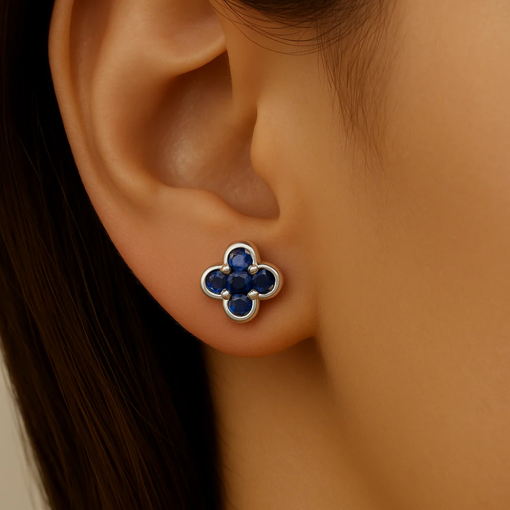 .31ct G SI 14K White Gold Blue Sapphire Clover Gemstone Earrings - Image 2