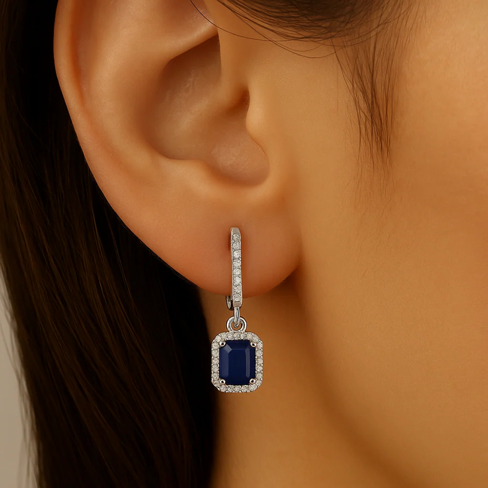 <span style="color:purple">SPECIAL!</span> 1.21ct G SI 14K White Gold Diamond & Blue Sapphire Gemstone Drop Dangle Earrings - Image 2