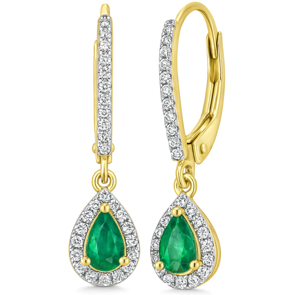 <span style="color:purple">SPECIAL!</span> .60ct G SI 14K Yellow Gold Diamond & Emerald Gemstone Drop Dangle Earrings