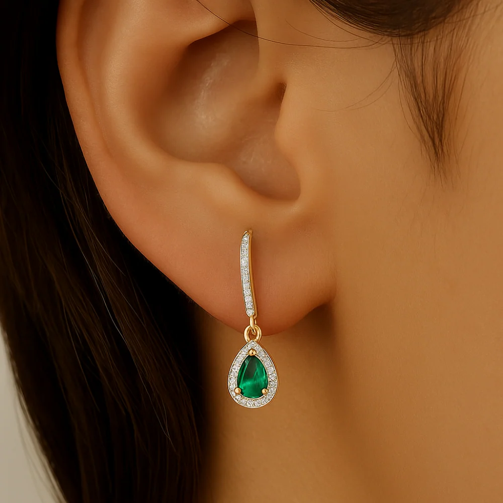 <span style="color:purple">SPECIAL!</span> .60ct G SI 14K Yellow Gold Diamond & Emerald Gemstone Drop Dangle Earrings - Image 2